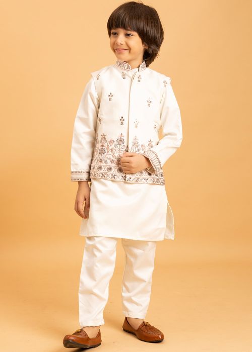 Off White Kids Kurta Pajama With Embroidered Jacket
