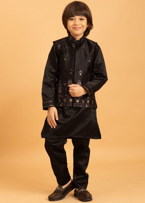 Black Kids Kurta Pajama With Embroidered Jacket