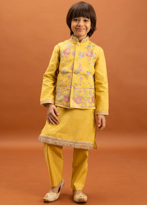 Yellow Kids Kurta Pajama With Embroidered Jacket
