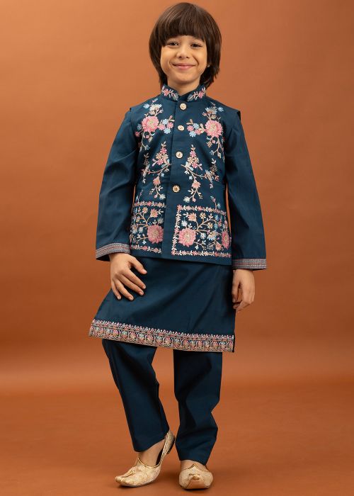 Navy Blue Kids Kurta Pajama With Floral Jacket