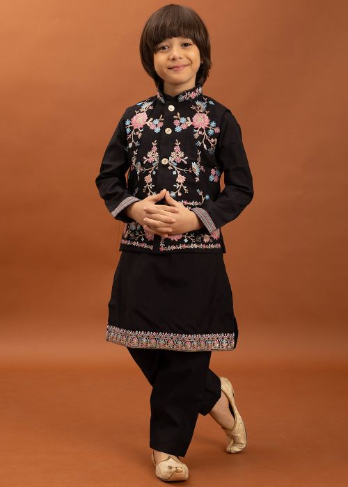 Black Kids Kurta Pajama With Embroidered Jacket