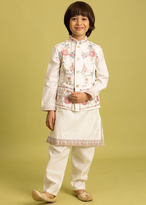 Off White Kids Kurta Pajama With Pastel Embroidery