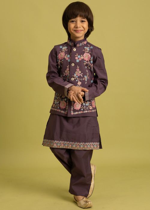 Purple Kids Kurta Pajama With Embroidered Jacket