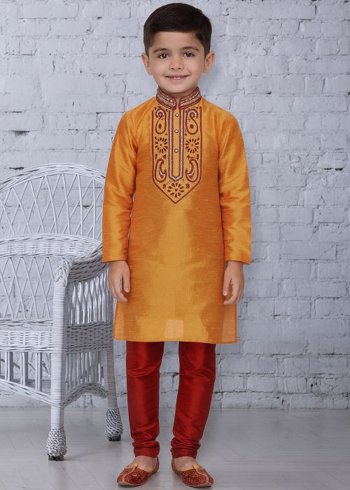 Orange Kids Embroidered Dupion Silk Kurta Churidar