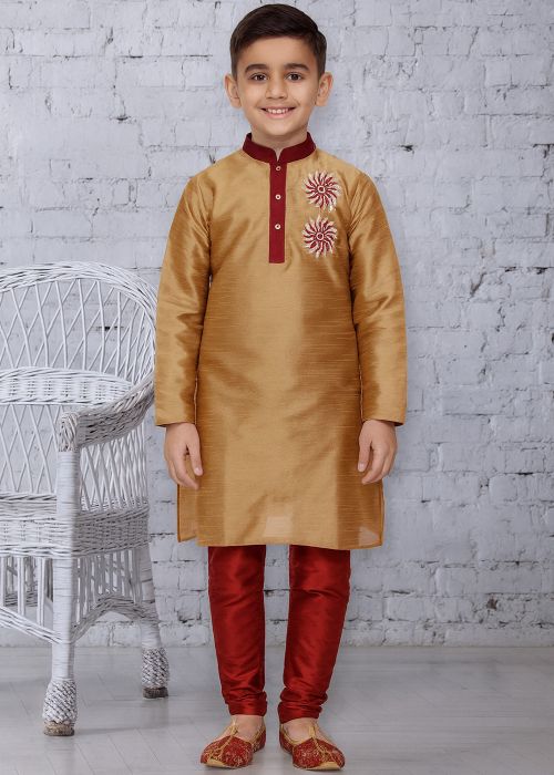 Beige Dupion Silk Kurta Churidar With Embroidery