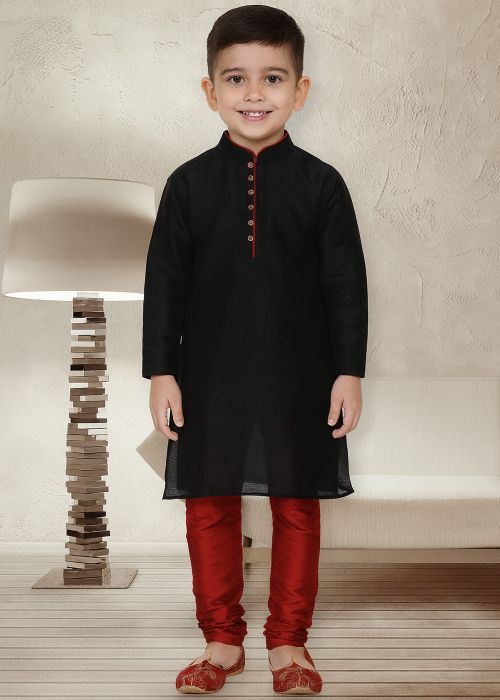 Black Kids Dupion Silk Kurta Churidar Set