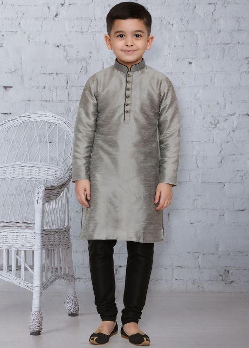 Grey Dupion Silk Kids Kurta Churidar Set