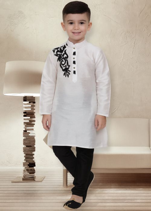 White Dupion Silk Kids Kurta Churidar Set