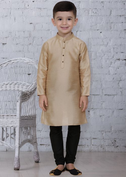 Beige Kids Dupion Silk Kurta Churidar