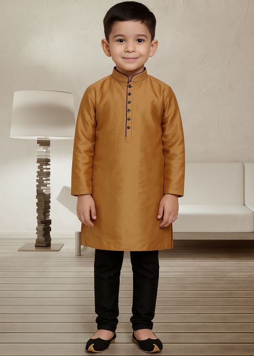 Brown Kids Dupion Silk Kurta Churidar Set