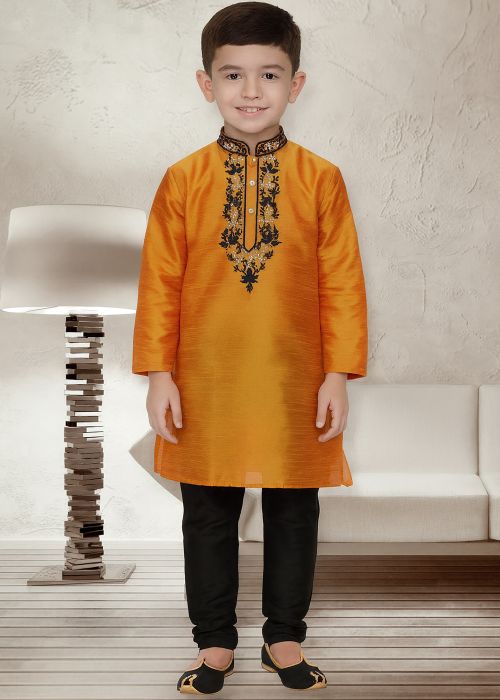 Orange Embroidered Dupion Silk Kurta Churidar Set