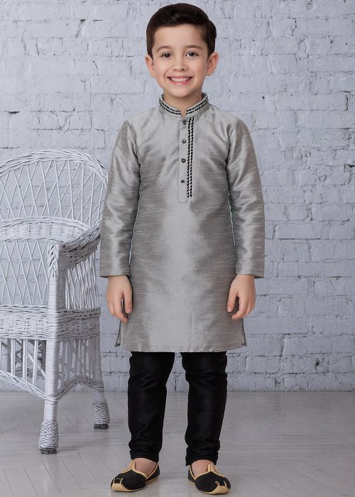 Grey Kids Dupion Silk Kurta Churidar Set