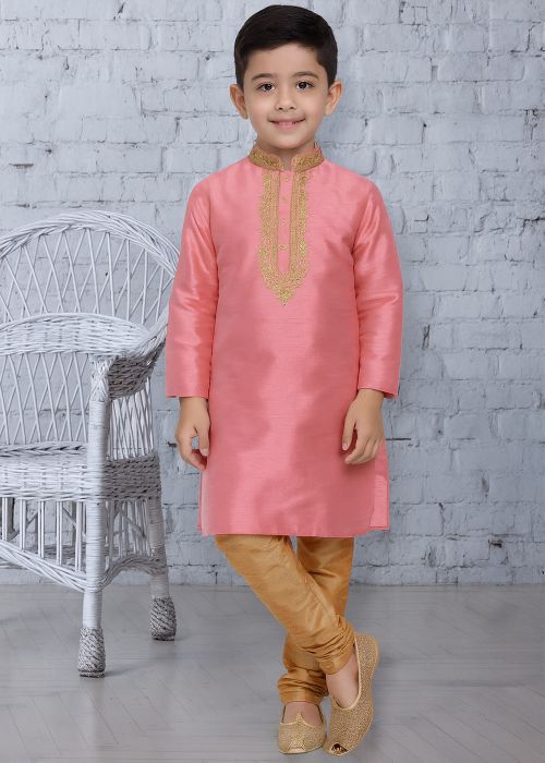 Peach Embroidered Dupion Silk Kurta Churidar Set