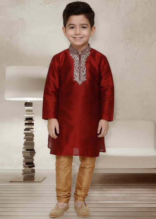 Maroon Kids Dupion Silk Embroidered Kurta Churidar
