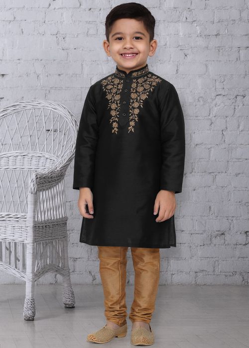Black Dupion Silk Kurta Churidar With Embroidery
