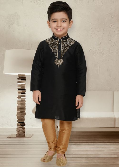 Black Dupion Silk Embroidered Kurta Churidar