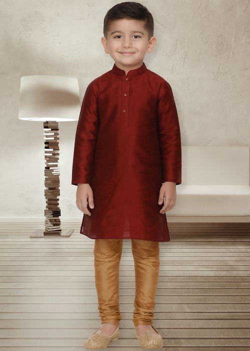 Maroon Dupion Silk Plain Kurta Churidar