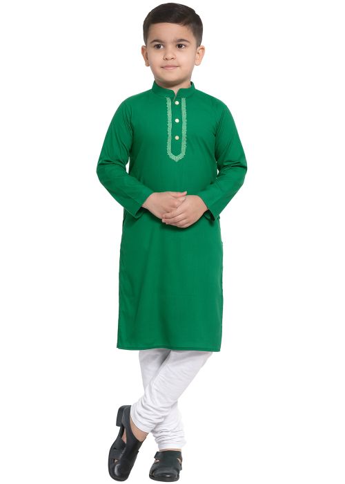 Green Cotton Kids Kurta Churidar With Stand Collar