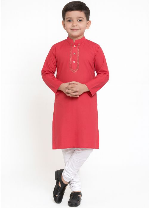 Red Cotton Kids Kurta Churidar Set