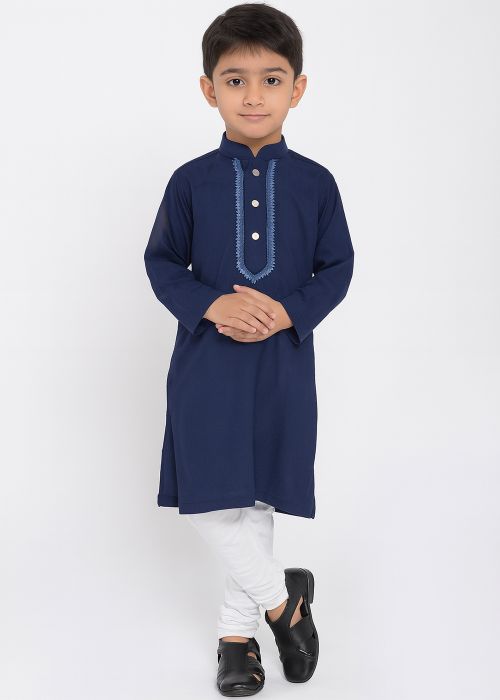 Navy Blue Cotton Kids Kurta Churidar Set