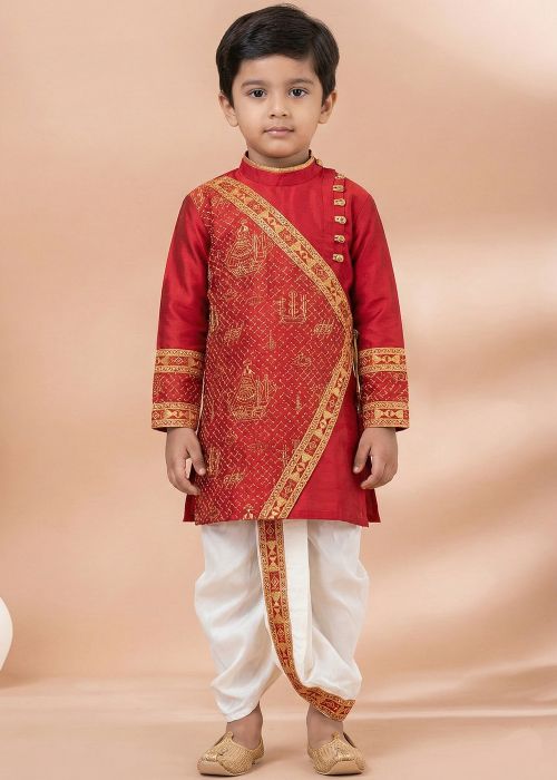 Red Viscose Kids Kurta Dhoti With Thread Embroidery