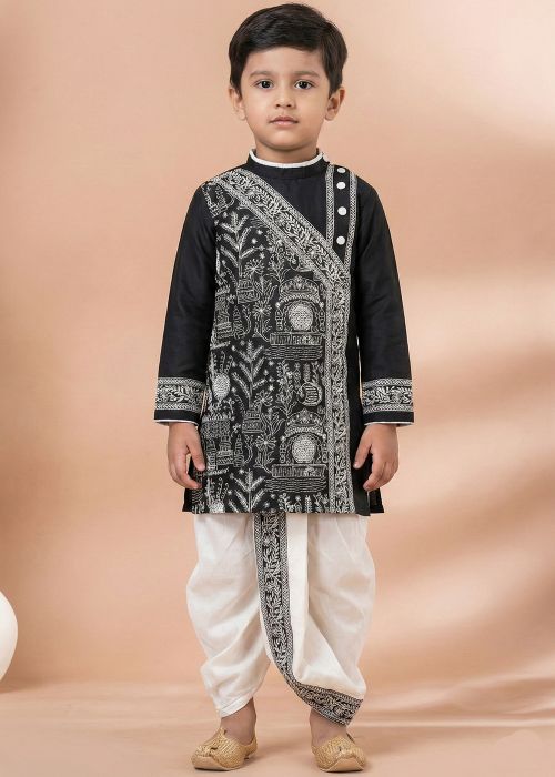 Black Viscose Kids Kurta Dhoti With Embroidery