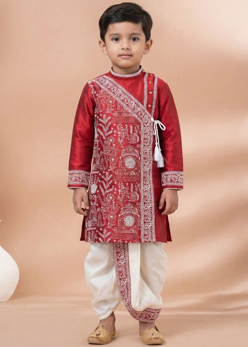 Maroon Viscose Kids Kurta Dhoti With Motifs