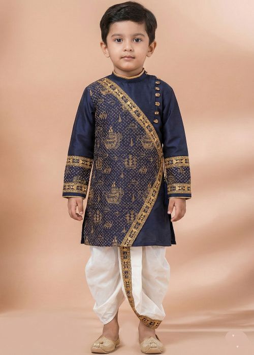 Navy Blue Viscose Kids Embroiderd Kurta Dhoti Set