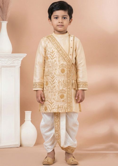 Beige Viscose Kids Kurta Dhoti With Thread Work