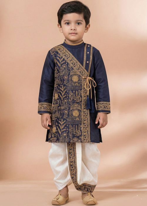 Navy Blue Viscose Kids Kurta Dhoti With Embroidery