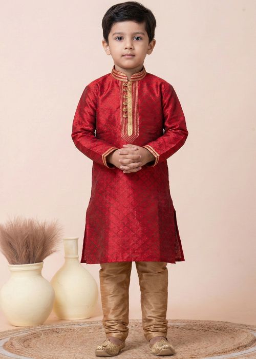 Red Silk Kids Kurta Pajama With Woven Design