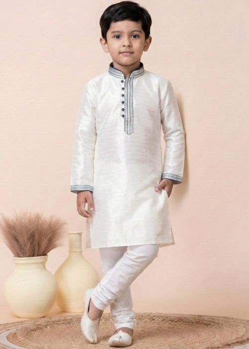 White Silk Kids Kurta Pajama With Potli Buttons