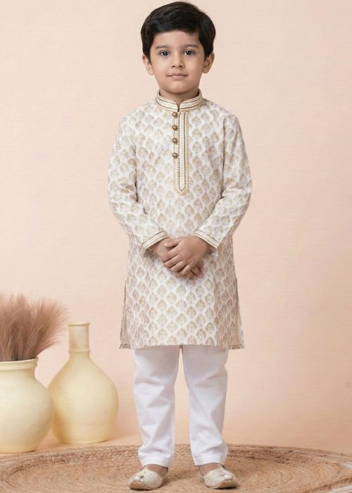 White Cotton Kids Kurta Pajama With Printed Motifs