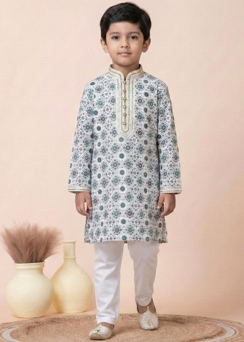 White Cotton Kids Kurta Pajama With Classic Print