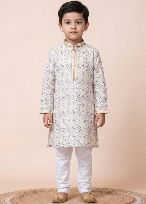 White Cotton Kids Kurta Pajama With Print