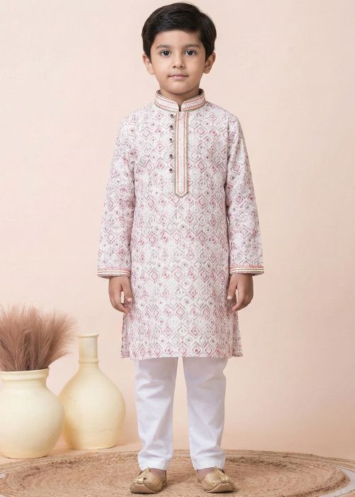 White Cotton Kids Kurta Pajama With Ethnic Print
