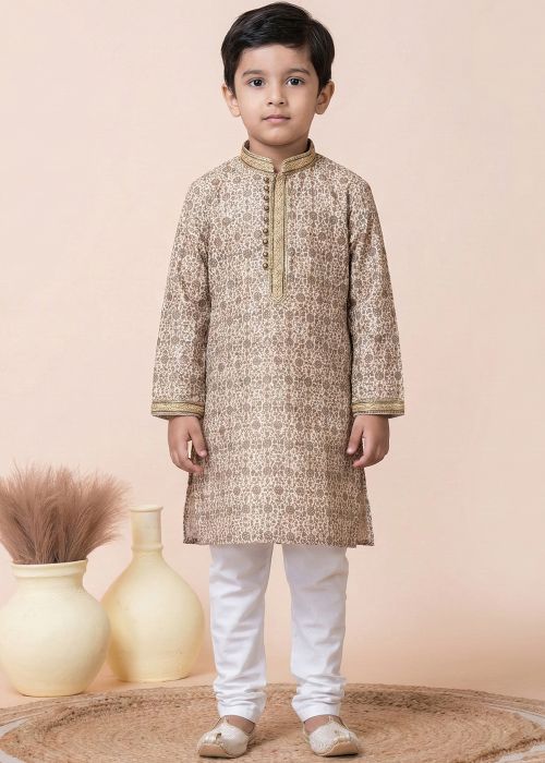 Beige Silk Kids Kurta Pajama With Printed Motifs