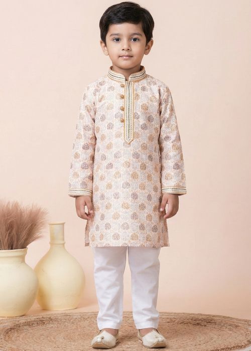 Beige Kids Cotton Kurta Pajama With Print Detail