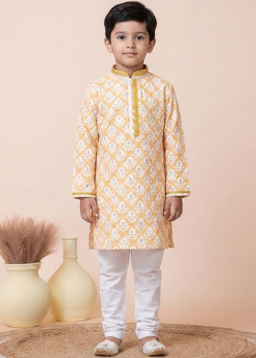 Yellow Kids Cotton Kurta Pajama In Print