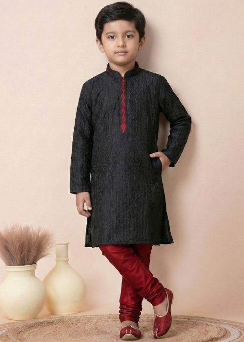 Black Kids Cotton Kurta Pajama With Texture