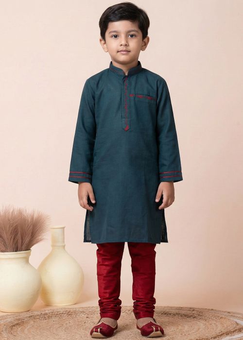 Teal Blue Kids Plain Cotton Kurta Pajama