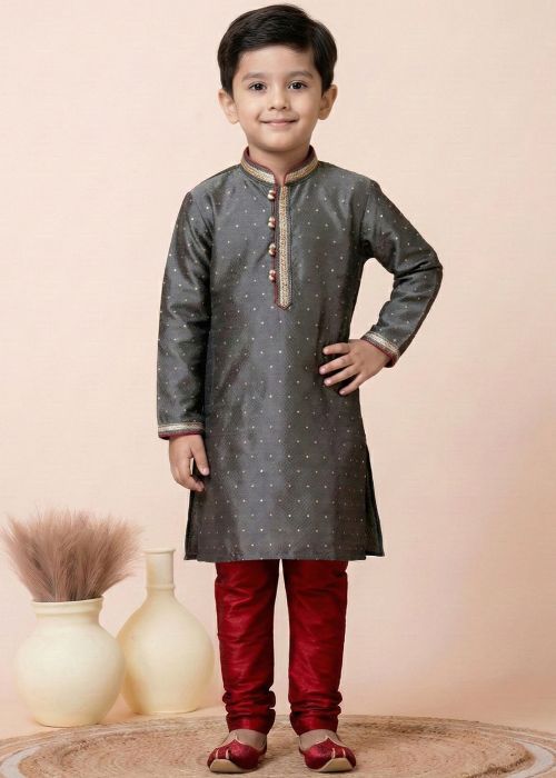 Grey Woven Kids Art Silk Kurta Pajama