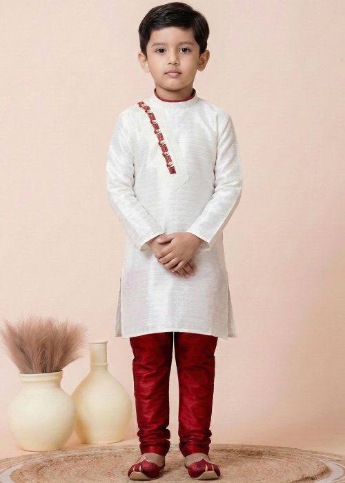 White Kids Silk Kurta Pajama With Potli Buttons