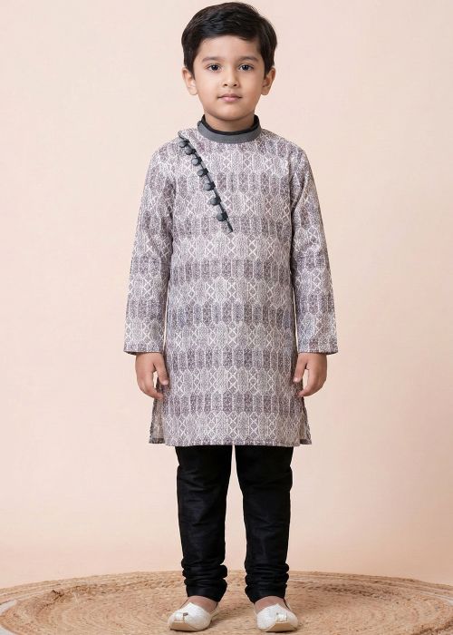 Grey Cotton Kids Kurta Pajama With Print Detailing