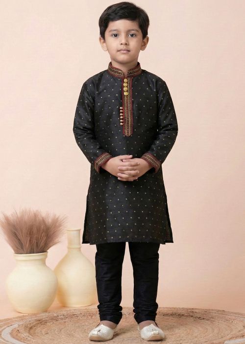 Black Kids Art Silk Woven Kurta Pajama