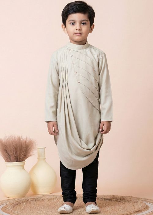 Cream Cotton Kids Cowl Style Kurta Pajama