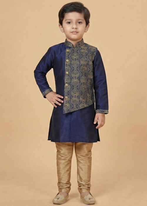 Navy Blue Kids Kurta Pajama With Embroidery