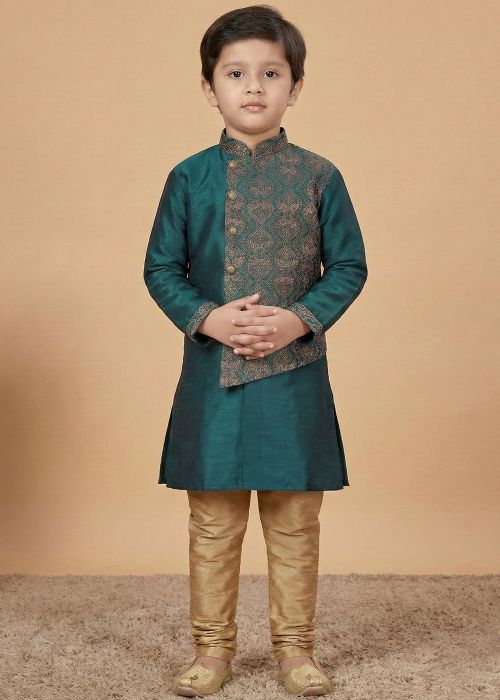 Teal Blue Kids Kurta Pajama With Thread Work