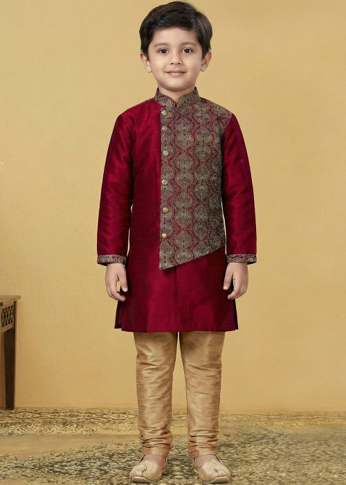 Maroon Kids Kurta Pajama With Thread Work