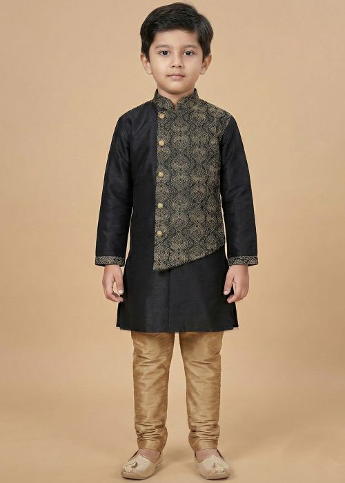 Black Kids Kurta Pajama With Thread Embroidery